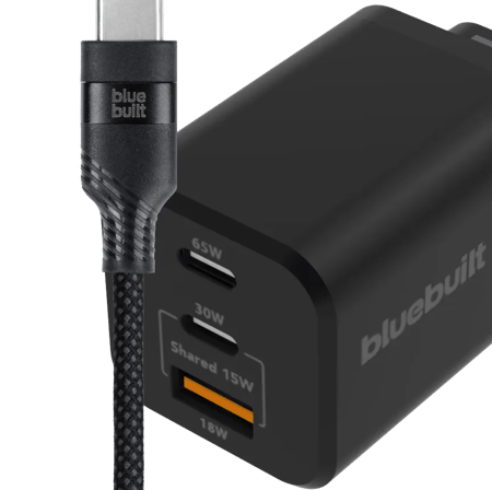 BlueBuilt Power Delivery Oplader 2 Usb C Poorten 65W + Usb C Kabel 3m Nylon Zwart