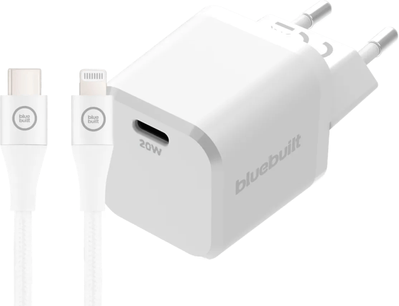BlueBuilt Power Delivery Oplader 20W + Lightning Kabel 3m Nylon Wit