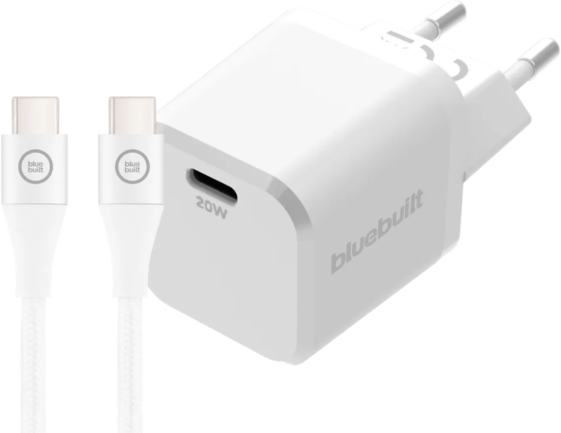 BlueBuilt Power Delivery Oplader 20W + Usb C Kabel 3m Nylon Wit