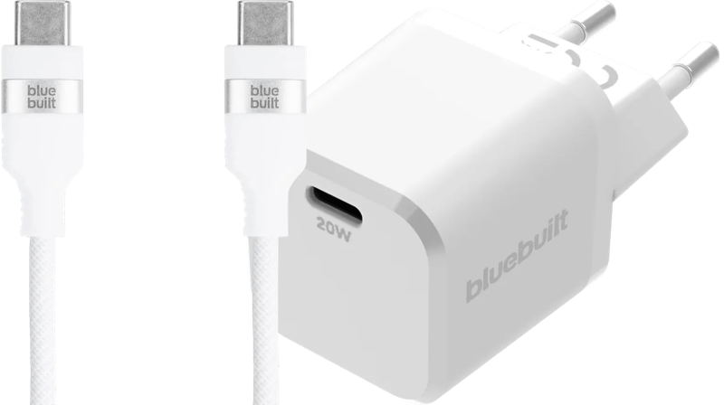 BlueBuilt Power Delivery Oplader 20W + Usb C Kabel 3m Nylon Wit