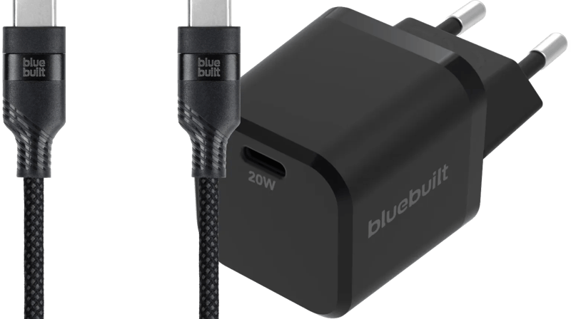 BlueBuilt Power Delivery Oplader 20W + Usb C Kabel 3m Nylon Zwart