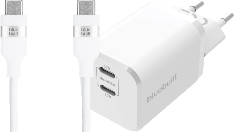 BlueBuilt Power Delivery Oplader met 2 Usb C Poorten 65W + Usb C Kabel 1