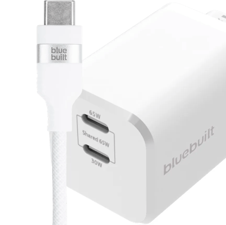 BlueBuilt Power Delivery Oplader met 2 Usb C Poorten 65W + Usb C Kabel 3m Nylon Wit
