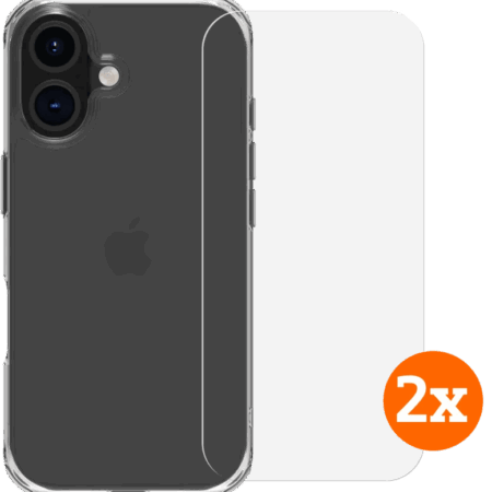 BlueBuilt Protective Back Cover iPhone 16 Transparant + Screenprotector Glas Duo Pack