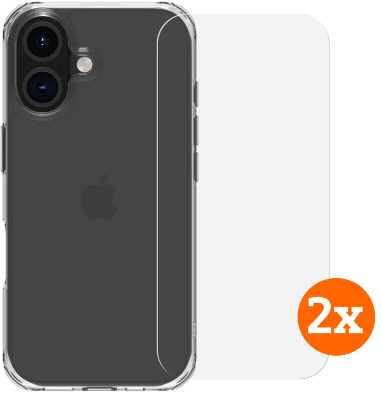 BlueBuilt Protective Back Cover iPhone 16 Transparant + Screenprotector Glas Duo Pack