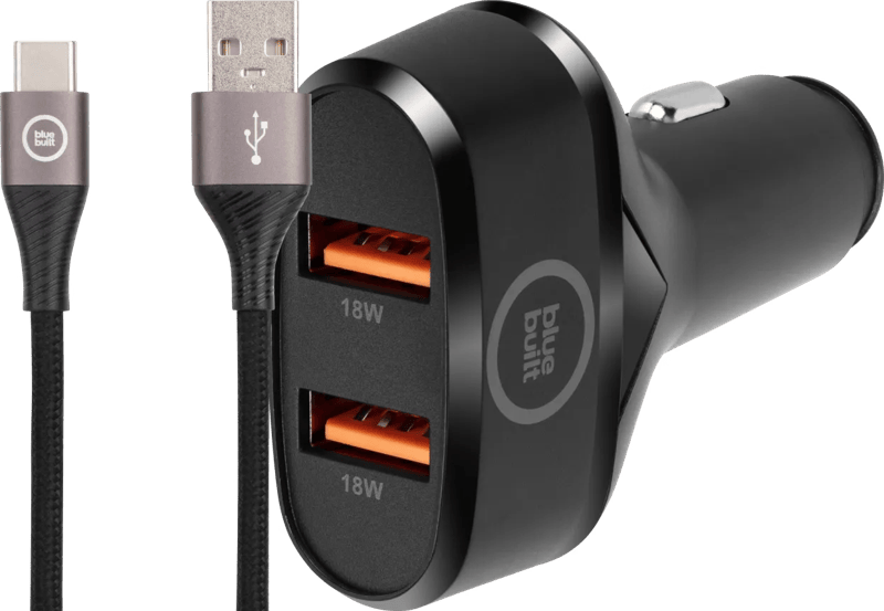 BlueBuilt Quick Charge Autolader 18W Zwart + Usb C Kabel 1