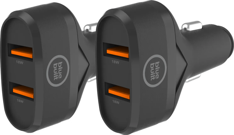 BlueBuilt Quick Charge Autolader met 2 Usb A Poorten 18W Zwart Duo Pack