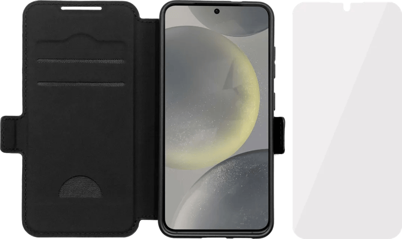 BlueBuilt Samsung Galaxy S25 Book Case Leer Zwart + BlueBuilt Screenprotector Glas