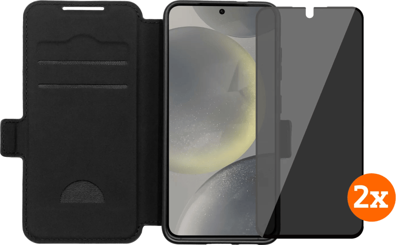 BlueBuilt Samsung Galaxy S25 Book Case Zwart + Privacy Filter Screenprotector Duo Pack
