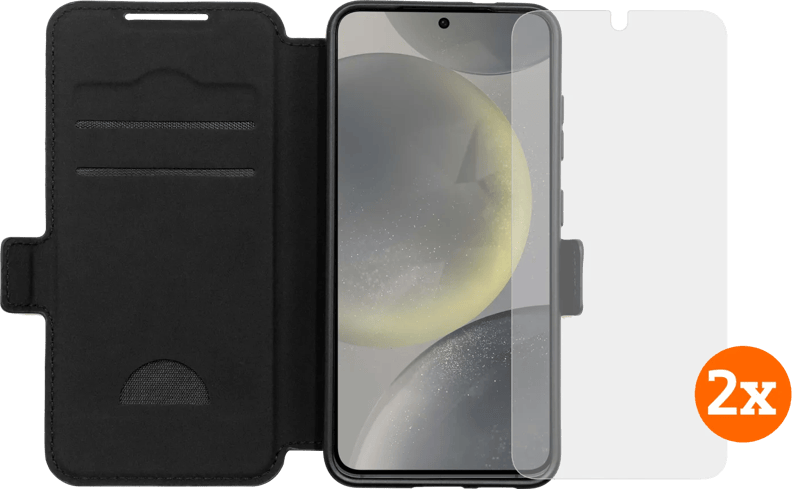 BlueBuilt Samsung Galaxy S25 Book Case Zwart + Screenprotector Glas Duo Pack