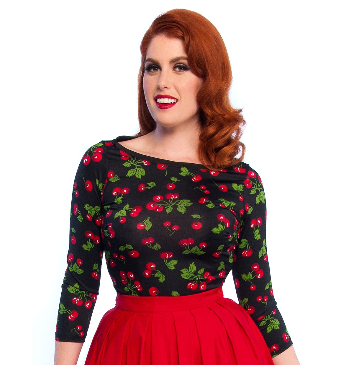 Boatneck Top in Black Cherry Print-XS | 42% korting | Pinup Couture