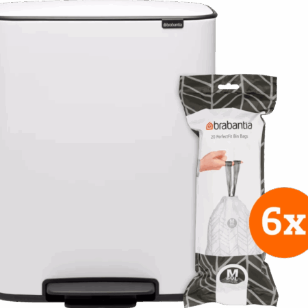 Brabantia Bo Pedal Bin 60 Liter White + Vuilniszakken (120 stuks)