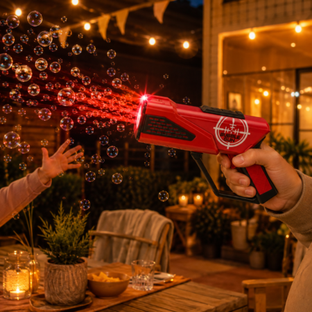 Bubble Gun met LED - Rood bellenblaaspistool met vloeistof - 25 cm | Out of the Blue