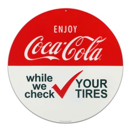 Coca-Cola Check Your Tires Embossed Metal Sign - Ø31cm | Coca-Cola