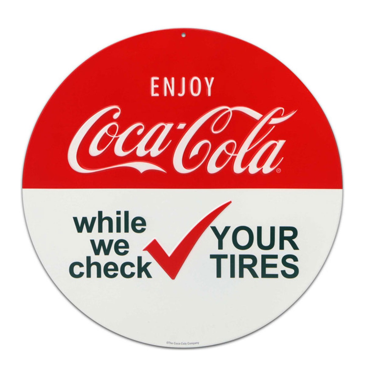 Coca-Cola Check Your Tires Embossed Metal Sign - Ø31cm | Coca-Cola