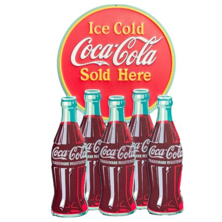 Coca-Cola Die-Cut Metalen Wandbord - Ice Cold Sold Here met Flesjes - 61 x 38 cm Relief | Coca-Cola