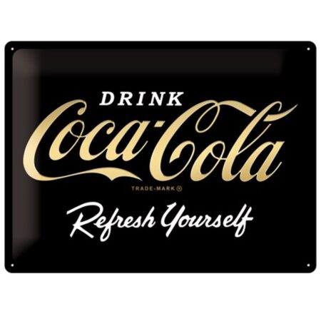 Coca-Cola - Logo Black Refresh Yourself Metalen Bord - 30 x 40 cm - Speciale Metallic Editie | Coca-Cola
