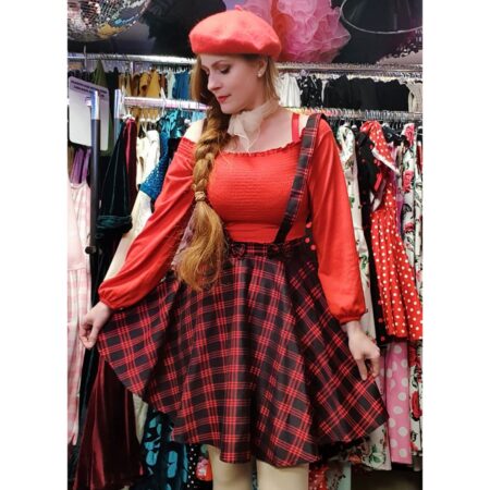 Collectif Gretel Suspender Swing Skirt Tartan Black Red-XS | 49% korting | Collectif