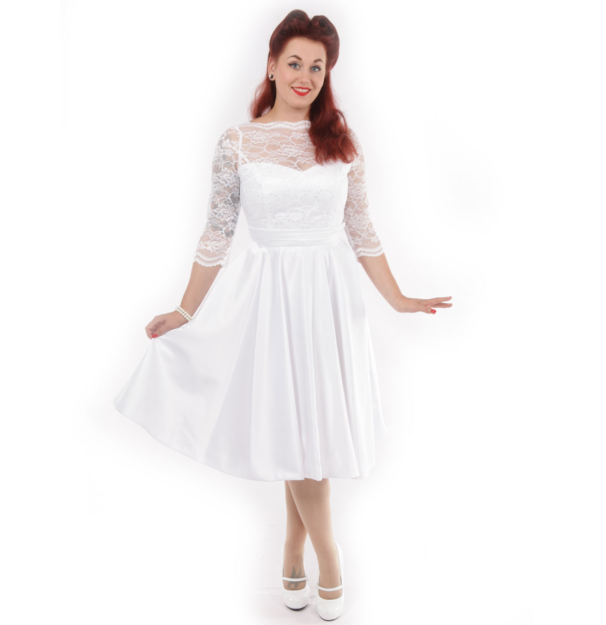 Collette White Lace Dress with Three Quarter Sleeves-M | Heart of Haute