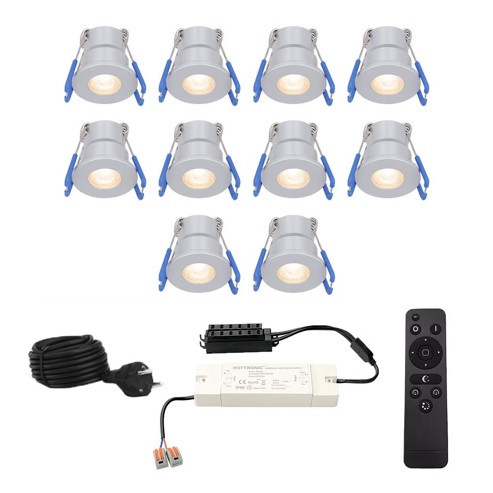 Complete set met 10 Milano inbouwspots 12V - IP65 waterdicht - 2700K warm wit - 3 Watt 200 lumen - RVS - Verandaverlichting - Dimbaar - met afstandsbediening | HOFTRONIC