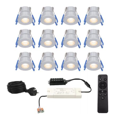 Complete set met 12 Milano inbouwspots 12V - IP65 waterdicht - 2700K warm wit - 3 Watt 200 lumen - RVS - Verandaverlichting - Dimbaar - met afstandsbediening | HOFTRONIC