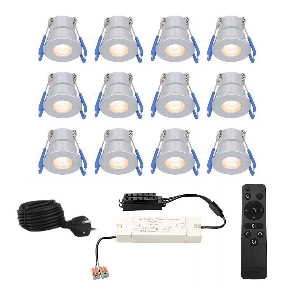 Complete set met 12 Milano inbouwspots 12V - IP65 waterdicht - 2700K warm wit - 3 Watt 200 lumen - RVS - Verandaverlichting - Dimbaar - met afstandsbediening | HOFTRONIC