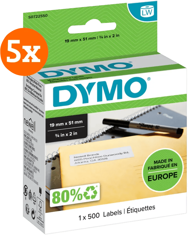 DYMO Verwijderbaar Etiket 19 x 51 mm 500 stuks 5-pack