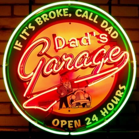 Dad's Garage Open 24 Hours Neon Verlichting Met Achterplaat 65 x 65 cm | Real Neon Art