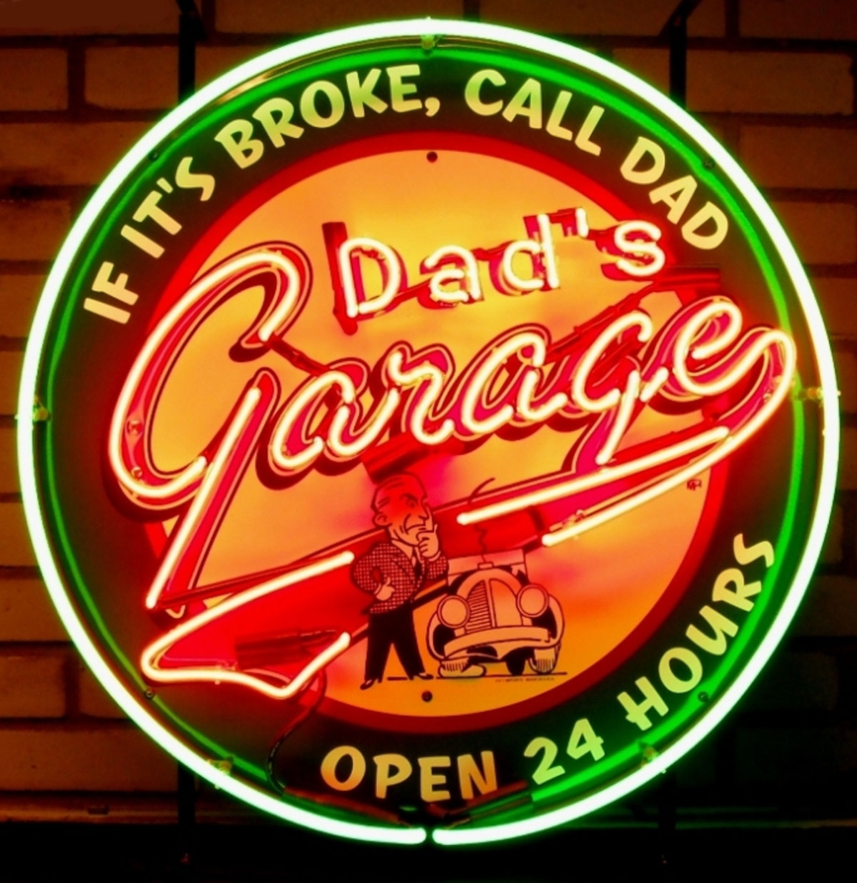 Dad's Garage Open 24 Hours Neon Verlichting Met Achterplaat 65 x 65 cm | Real Neon Art