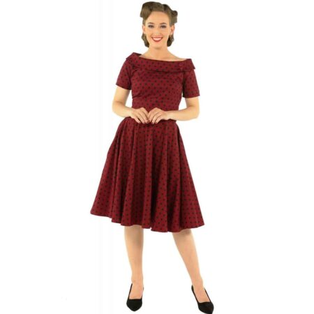 Darlene Collar Dress Burgundy/Black Polka-50 (NL) / 24 (UK) | 18% korting | Dolly and Dotty