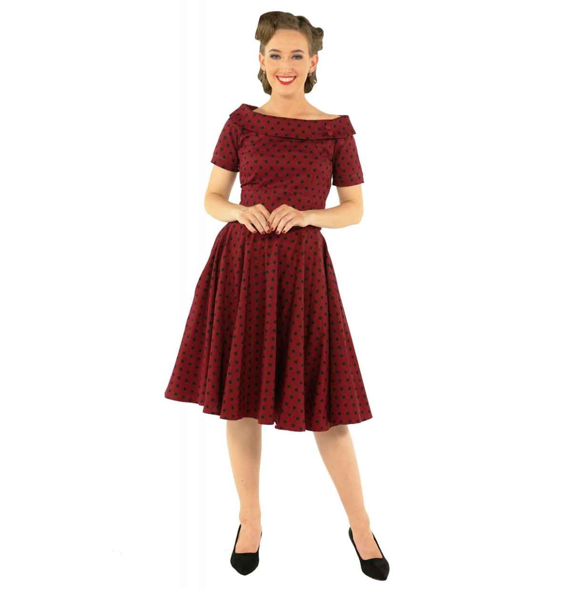 Darlene Collar Dress Burgundy/Black Polka-50 (NL) / 24 (UK) | 18% korting | Dolly and Dotty