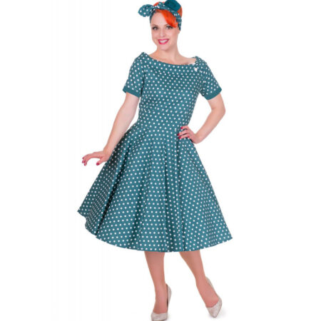 Darlene Collar Dress Peacock/White Polka-34 (NL)/ 8 (UK) | 33% korting | Dolly and Dotty
