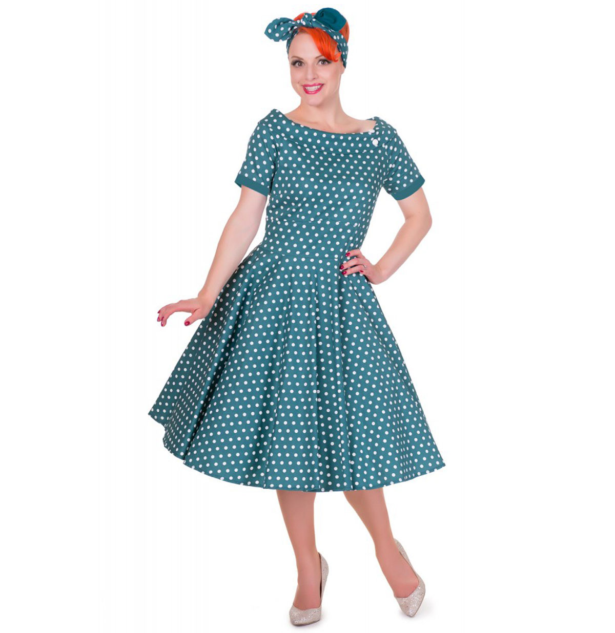 Darlene Collar Dress Peacock/White Polka-34 (NL)/ 8 (UK) | 33% korting | Dolly and Dotty
