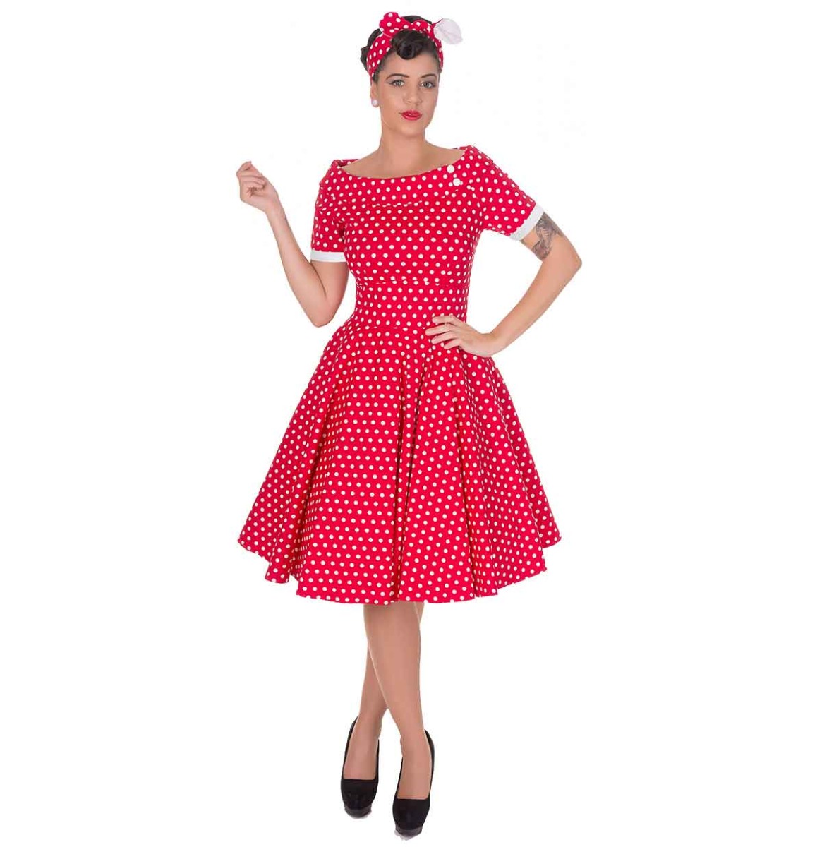 Darlene Collar Dress Red/White Polka-44 (NL)/ 18 (UK) | Dolly and Dotty