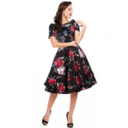 Darlene Retro Floral Roses Swing Dress Black-54 (NL) / 28 (UK) | 18% korting | Dolly and Dotty