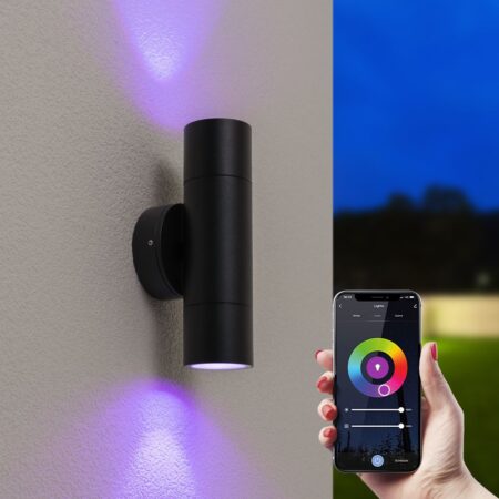 Dax Smart Wandlamp LED - Wifi + Bluetooth - 11 Watt 690 lumen - RGBWW - IP65 waterdicht - GU10 - Up & Down lamp voor binnen en buiten - Zwart - Google Home