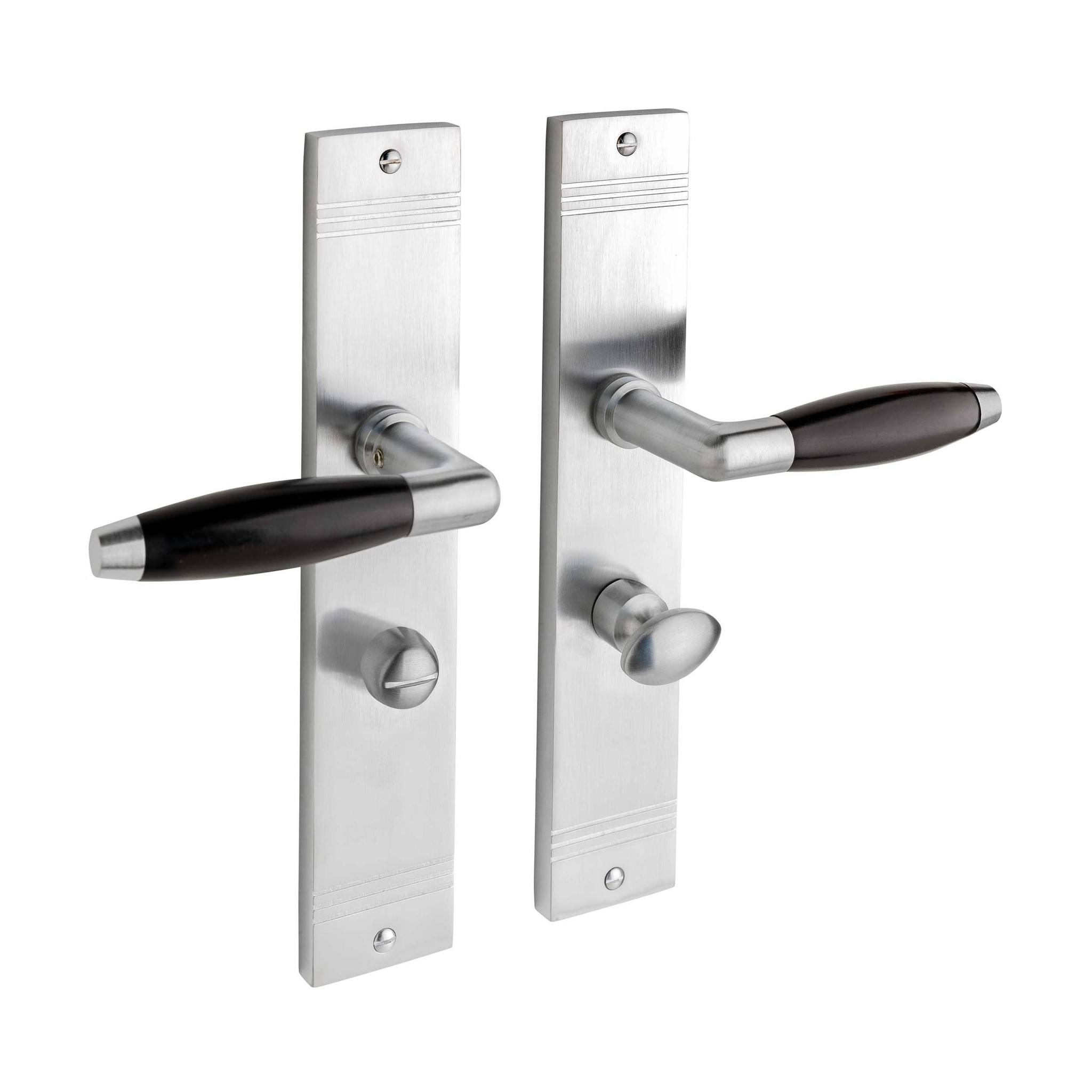 De Oude Deurklink Deurklink Retro geveerd mat nikkel op schild met wc slot 63/8 mm | De Oude Deurklink