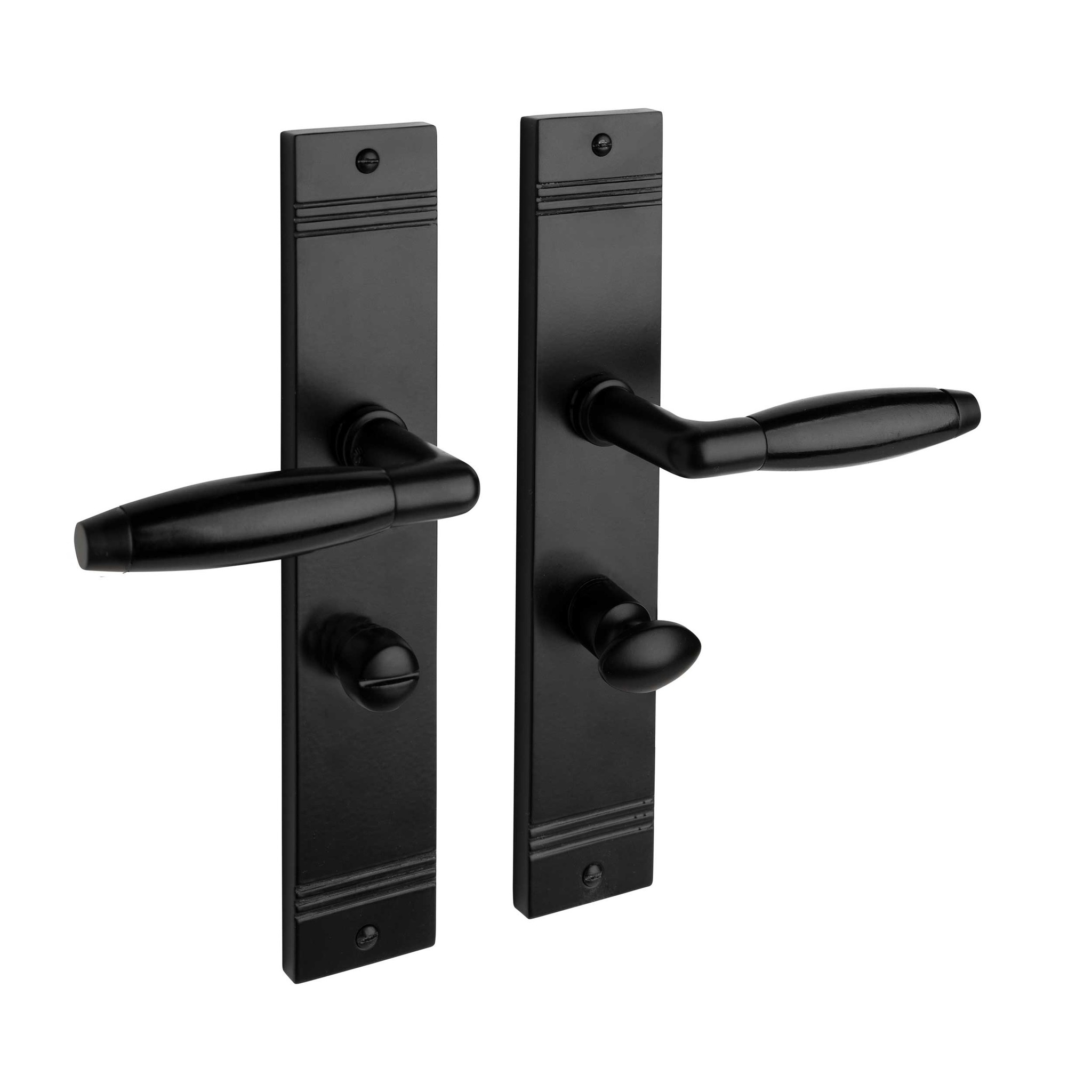 De Oude Deurklink Geveerde retro deurklink mat zwart op schild met wc slot 63/8 mm | De Oude Deurklink