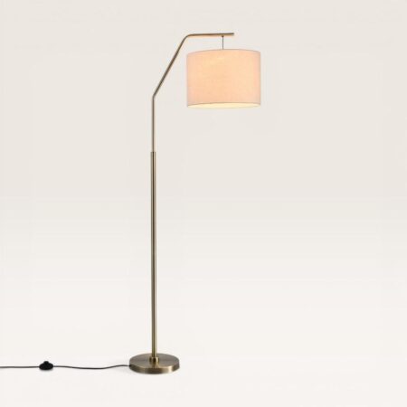 Delion - Staande LED lamp Goud Metaal - E27 fitting - 165 cm - Klassiek Rustiek Scandinavisch Design - IP20 Voor binnen - Linnen kap - Met voetschakelaar | LUSENZ