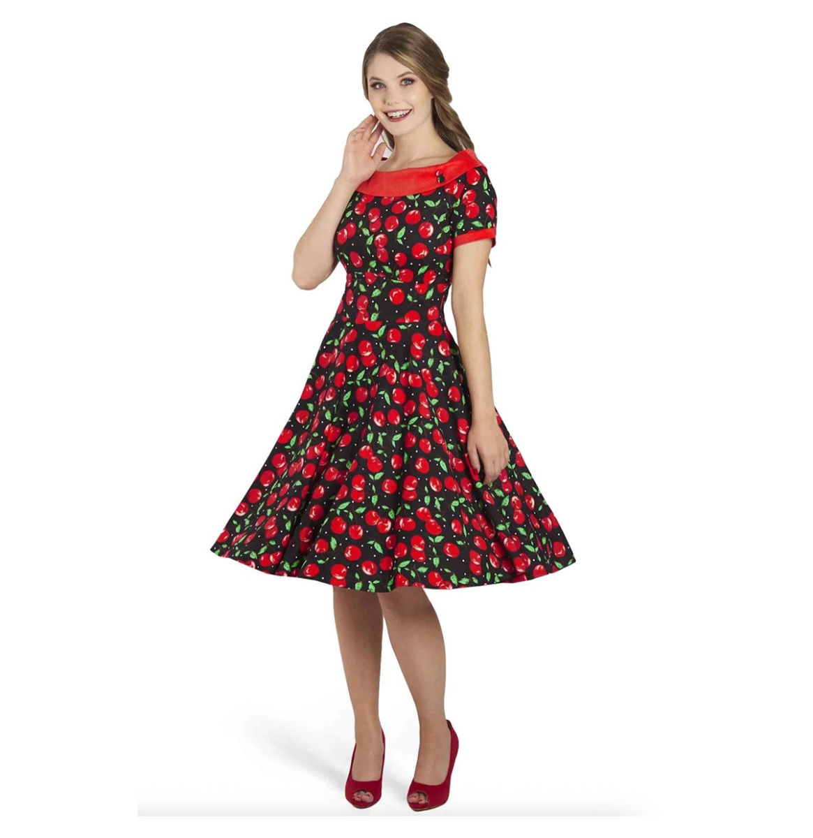 Dolly & Dotty Darlene Cute Cherry Swing Dress Black Red -3XL | Fiftiesstore