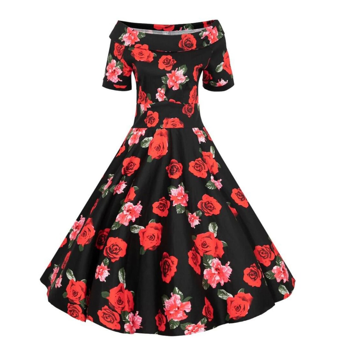 Dolly & Dotty Darlene Dress Black Red & Pink Roses-M | Dolly and Dotty