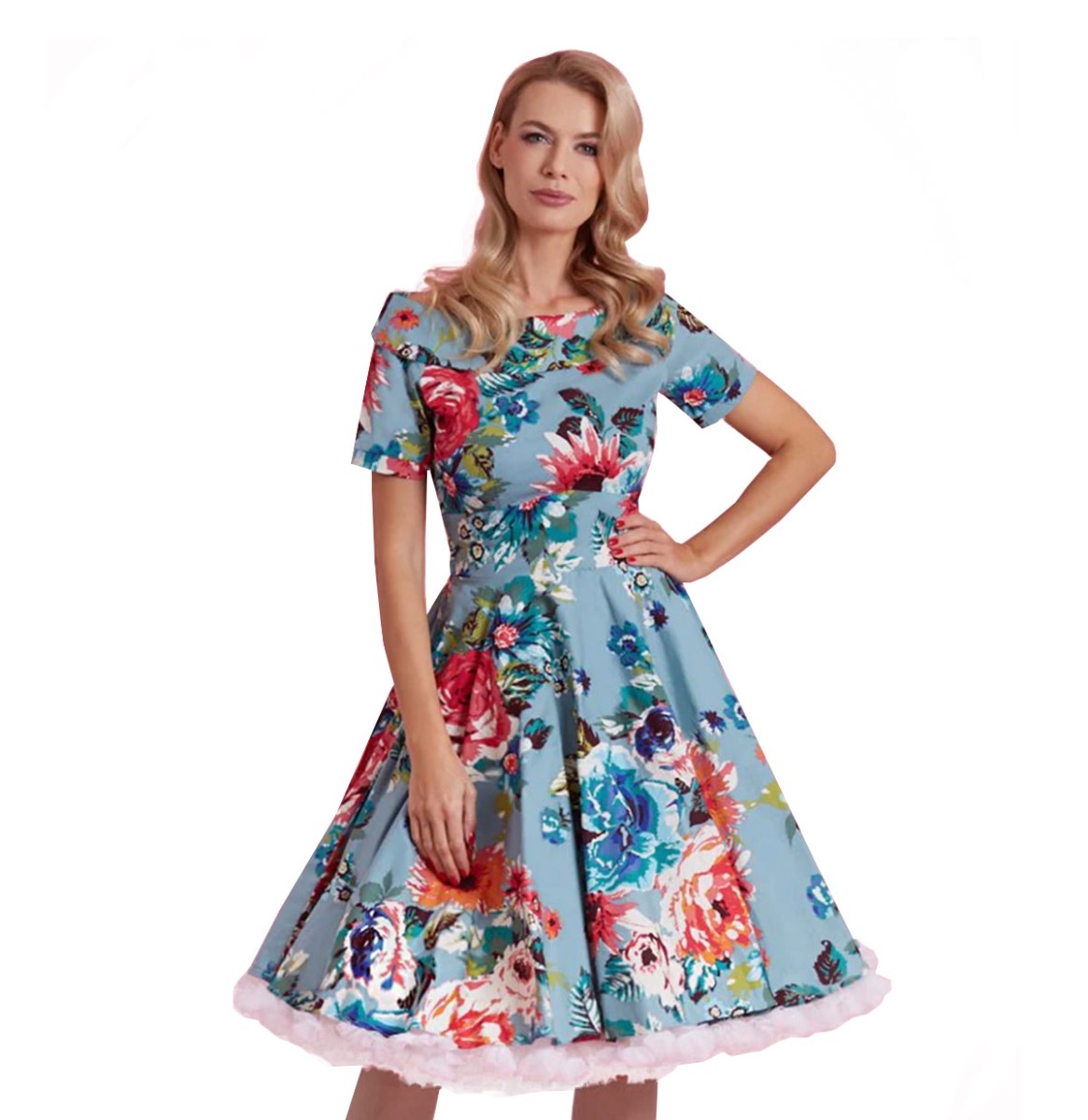 Dolly & Dotty Darlene Floral Swing Dress Blue-XL | Dolly and Dotty
