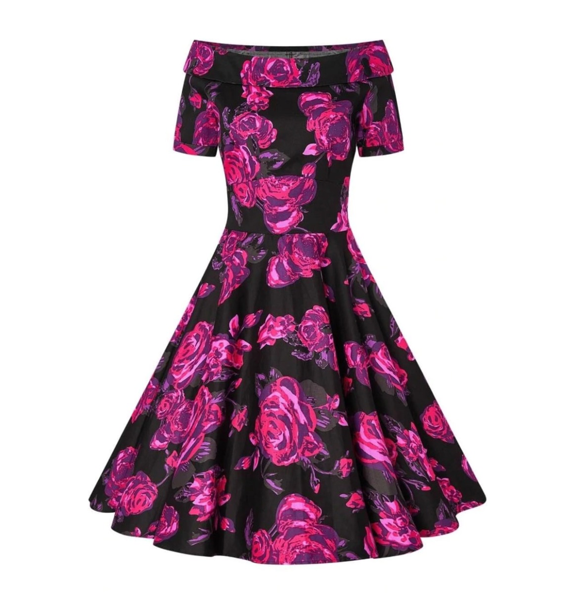 Dolly & Dotty Darlene Swing Dress Black Pink Floral -M | Dolly and Dotty