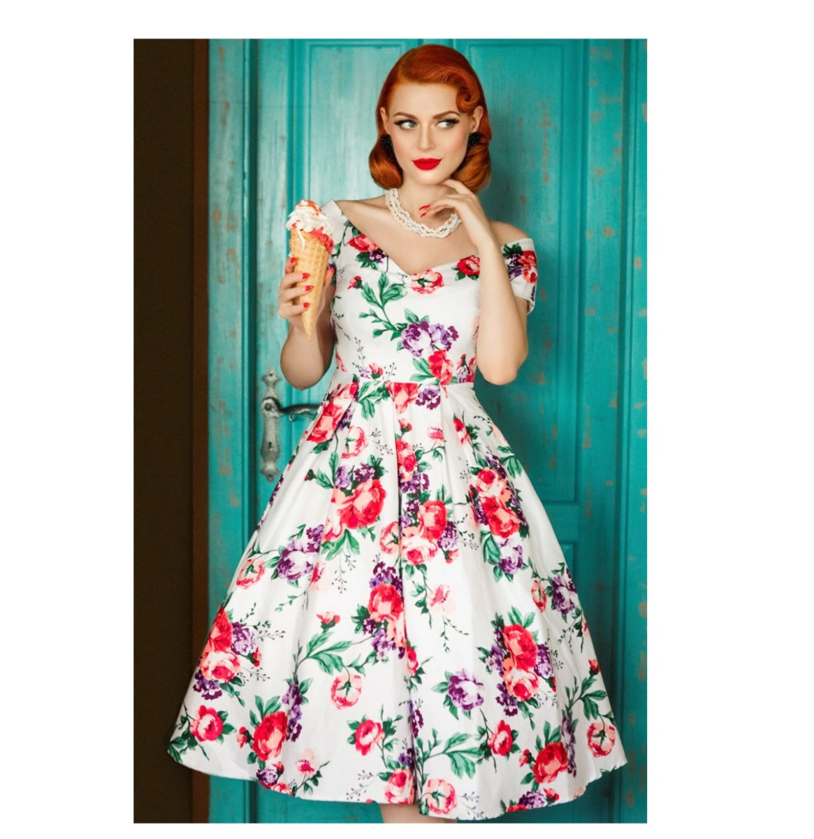 Dolly & Dotty Lily Floral Swing Dress White-XXL | Fiftiesstore