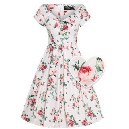 Dolly & Dotty Lily Off The Shoulder Rose Print Swing Dress Cream-M | Fiftiesstore