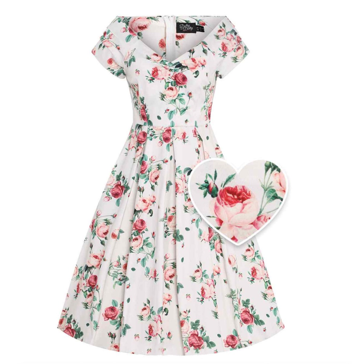 Dolly & Dotty Lily Off The Shoulder Rose Print Swing Dress Cream-M | Fiftiesstore