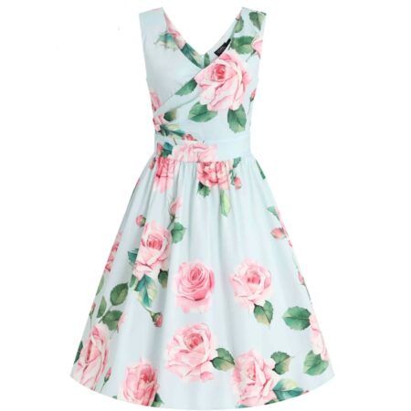 Dolly & Dotty May V Neck Floral Print Swing Dress Baby Blue-M | Fiftiesstore