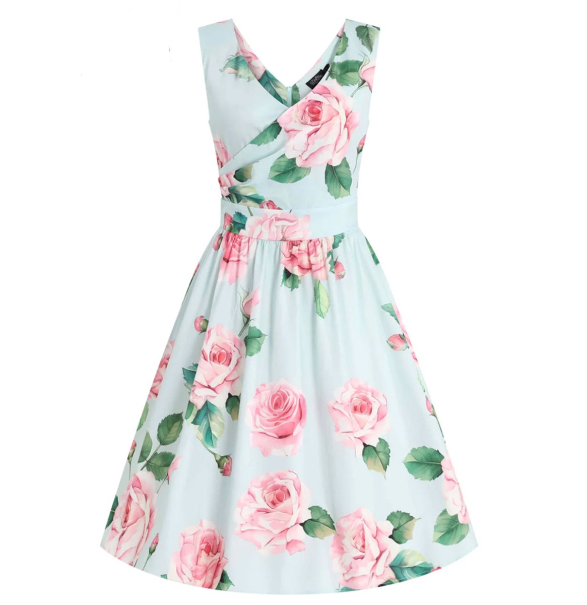 Dolly & Dotty May V Neck Floral Print Swing Dress Baby Blue-M | Fiftiesstore