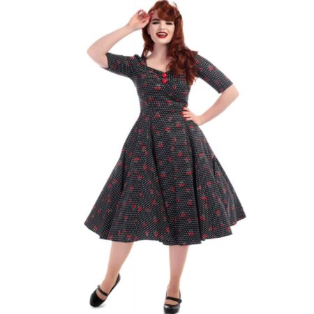 Dolores Halfsleeve Cherry Polka Doll Dress Black-XXS | 50% korting | Collectif