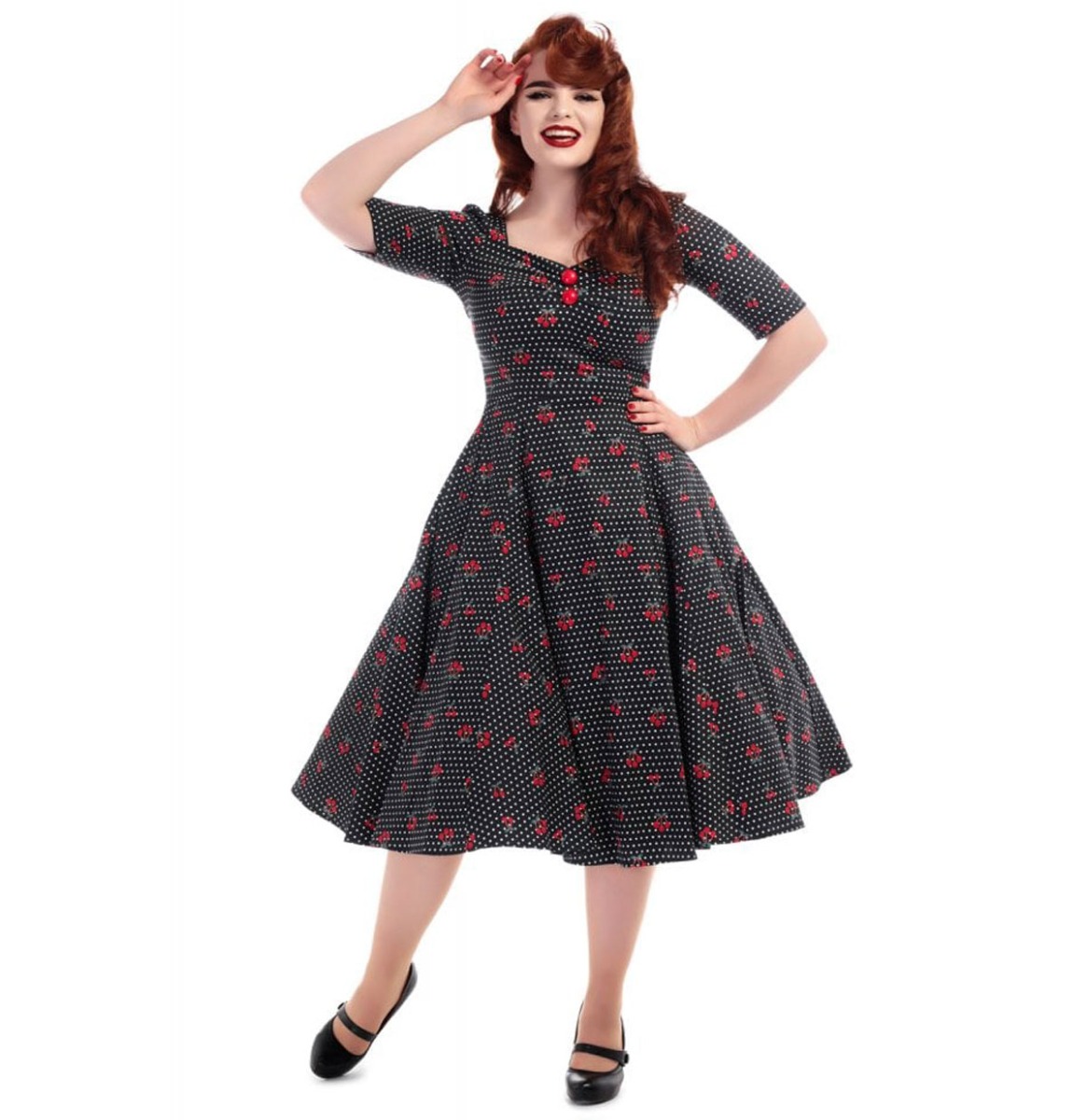 Dolores Halfsleeve Cherry Polka Doll Dress Black-XXS | 50% korting | Collectif